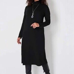 J Jill Wearever Dress Black Ribbed Jersey Knit Cowl Mock Neck Midi Womens Medium